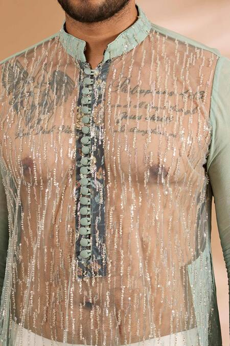 Shop Rabani & Rakha Green Georgette, Cotton, Silk Sequins, Shaded And Cutdana Embroidered Kurta Set Online at Aza Fashions Shop_Rabani & Rakha_Green Georgette, Cotton, Silk Sequins, Shaded And Cutdana Embroidered Kurta Set _Online_at_Aza_Fashions