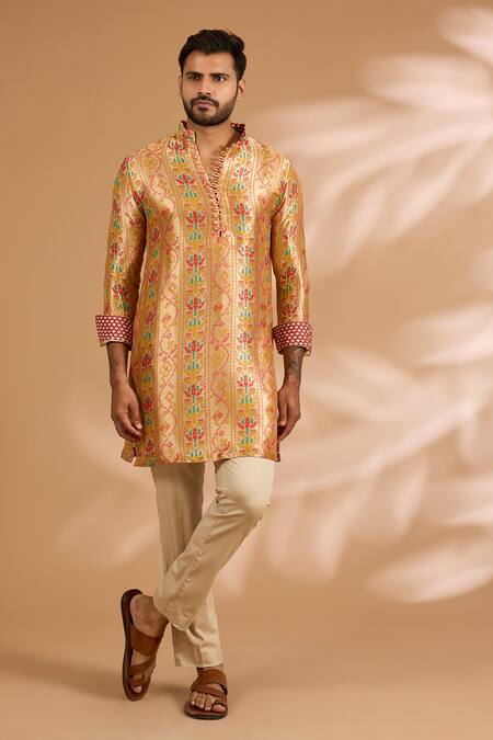 Shop_Rabani & Rakha_Multi Color Silk, Cotton Zari, Embroidery Benarsi Print Bundi Kurta Set _Online_at_Aza_Fashions