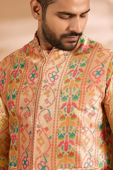 Rabani & Rakha Multi Color Silk, Cotton Zari, Embroidery Benarsi Print Bundi Kurta Set at Aza Fashions Rabani & Rakha_Multi Color Silk, Cotton Zari, Embroidery Benarsi Print Bundi Kurta Set _at_Aza_Fashions