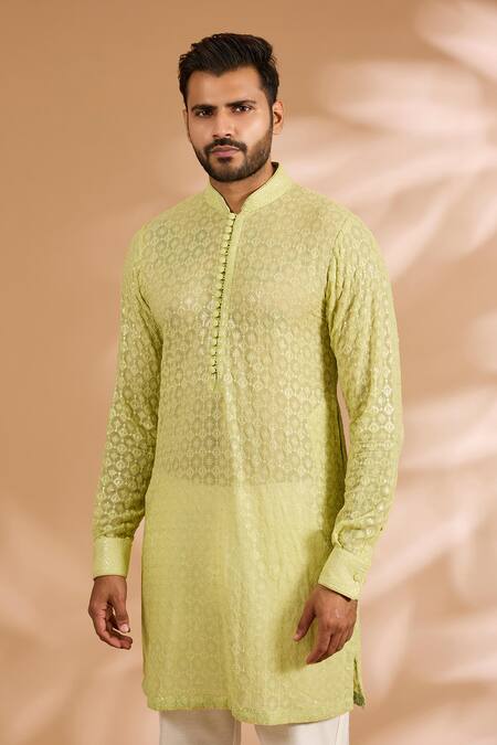 Rabani & Rakha Lime Georgette, Cotton, Silk Sequins, Jaal Thread And Work Kurta With Pant Online at Aza Fashions Rabani & Rakha_Lime Georgette, Cotton, Silk Sequins, Jaal Thread And Work Kurta With Pant _Online_at_Aza_Fashions