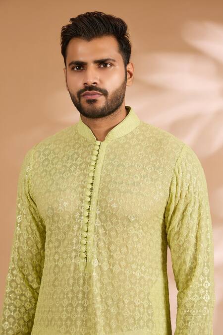 Shop Rabani & Rakha Lime Georgette, Cotton, Silk Sequins, Jaal Thread And Work Kurta With Pant Online at Aza Fashions Shop_Rabani & Rakha_Lime Georgette, Cotton, Silk Sequins, Jaal Thread And Work Kurta With Pant _Online_at_Aza_Fashions