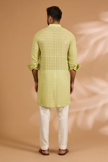 Shop Rabani & Rakha Lime Georgette, Cotton, Silk Sequins, Jaal Thread And Work Kurta With Pant at Aza Fashions Shop_Rabani & Rakha_Lime Georgette, Cotton, Silk Sequins, Jaal Thread And Work Kurta With Pant _at_Aza_Fashions