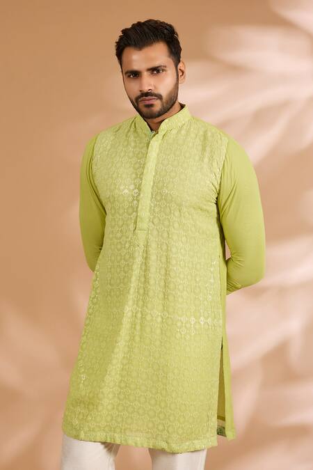 Buy_Rabani & Rakha_Lime Georgette, Cotton, Silk Embroidery, Sequins Thread And Kurta Set _Online_at_Aza_Fashions
