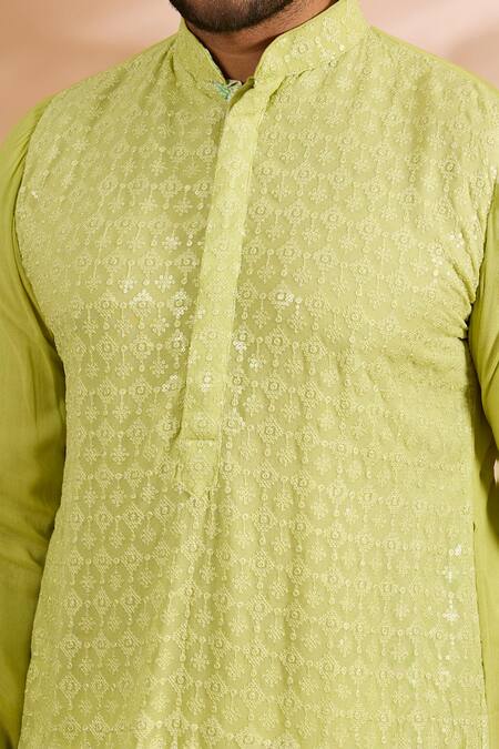 Shop_Rabani & Rakha_Lime Georgette, Cotton, Silk Embroidery, Sequins Thread And Kurta Set _Online_at_Aza_Fashions