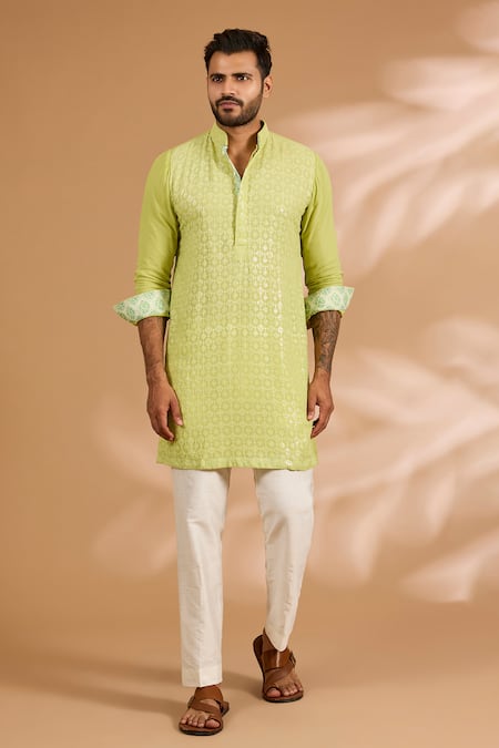 Rabani & Rakha Lime Georgette, Cotton, Silk Embroidery, Sequins Thread And Kurta Set 