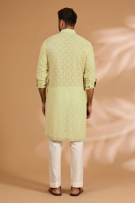 Shop Rabani & Rakha Lime Georgette, Cotton, Silk Sequins, Embroidery And Thread Jaal Kurta Set at Aza Fashions Shop_Rabani & Rakha_Lime Georgette, Cotton, Silk Sequins, Embroidery And Thread Jaal Kurta Set _at_Aza_Fashions