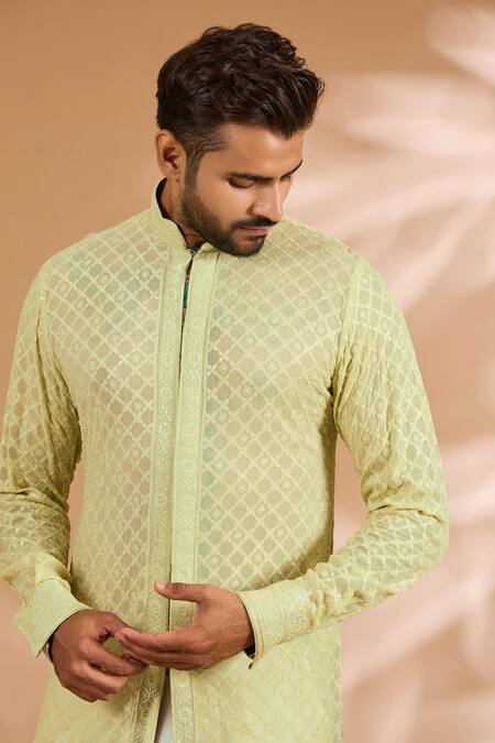 Rabani & Rakha Lime Georgette, Cotton, Silk Sequins, Embroidery And Thread Jaal Kurta Set Online at Aza Fashions Rabani & Rakha_Lime Georgette, Cotton, Silk Sequins, Embroidery And Thread Jaal Kurta Set _Online_at_Aza_Fashions