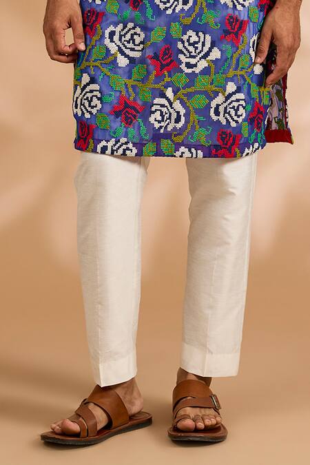 Rabani & Rakha_Blue Georgette, Cotton, Silk Embroidery Multi Color Thread Jaal Kurta With Pant _Online_at_Aza_Fashions