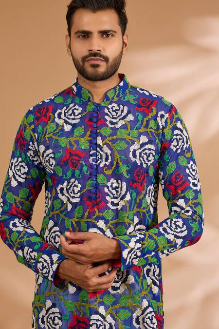 Buy_Rabani & Rakha_Blue Georgette, Cotton, Silk Embroidery Multi Color Thread Jaal Kurta With Pant _Online_at_Aza_Fashions