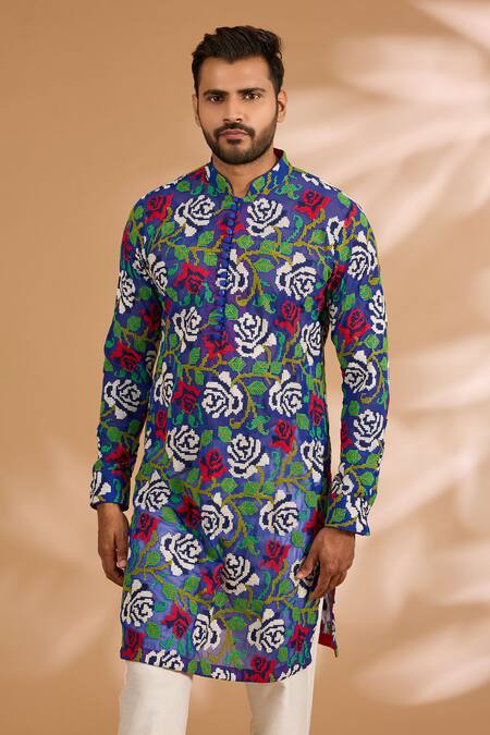 Shop_Rabani & Rakha_Blue Georgette, Cotton, Silk Embroidery Multi Color Thread Jaal Kurta With Pant _Online_at_Aza_Fashions