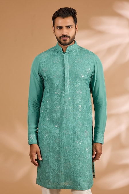 Rabani & Rakha_Aqua Georgette, Cotton, Silk Embroidery, Sequins Thread And Kurta Set _Online_at_Aza_Fashions