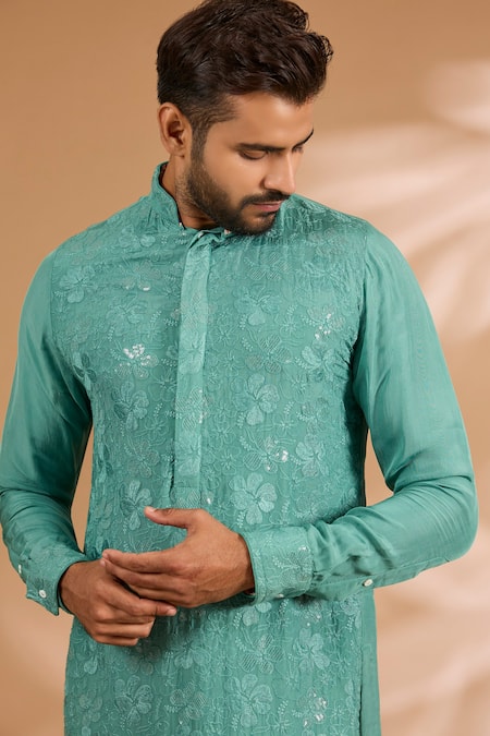 Buy_Rabani & Rakha_Aqua Georgette, Cotton, Silk Embroidery, Sequins Thread And Kurta Set _Online_at_Aza_Fashions