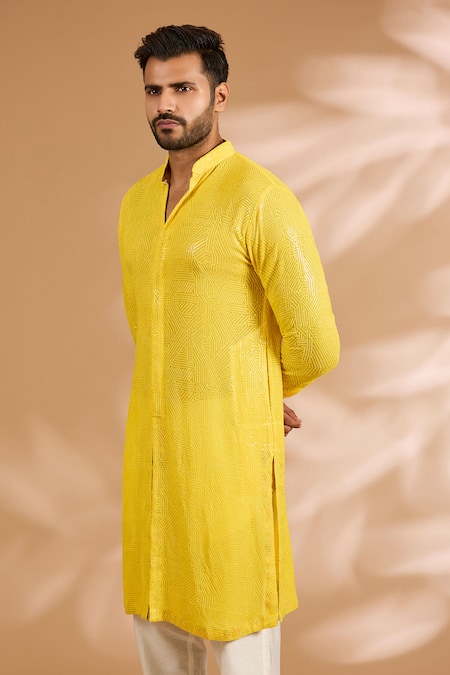 Rabani & Rakha Yellow Georgette, Cotton, Silk Sequins, Embroidery And Thread Jaal Kurta Set Online at Aza Fashions Rabani & Rakha_Yellow Georgette, Cotton, Silk Sequins, Embroidery And Thread Jaal Kurta Set _Online_at_Aza_Fashions