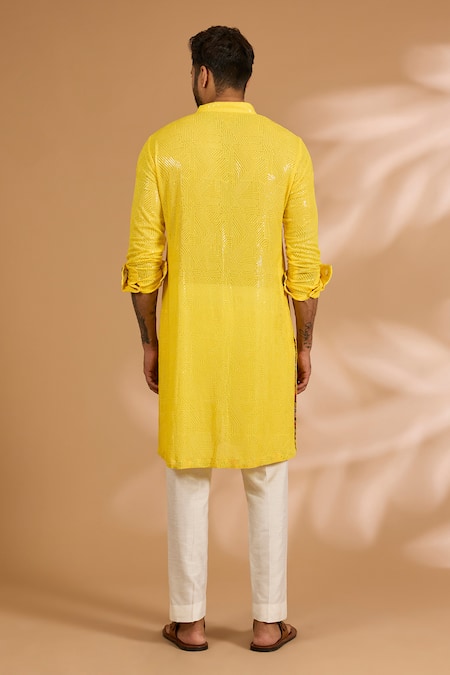 Shop Rabani & Rakha Yellow Georgette, Cotton, Silk Sequins, Embroidery And Thread Jaal Kurta Set at Aza Fashions Shop_Rabani & Rakha_Yellow Georgette, Cotton, Silk Sequins, Embroidery And Thread Jaal Kurta Set _at_Aza_Fashions