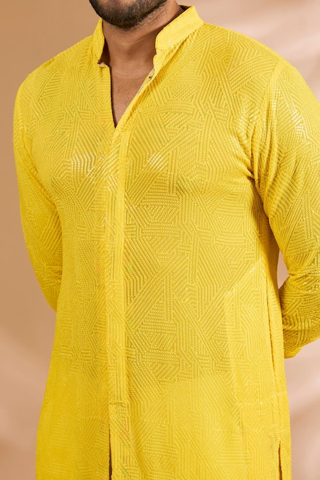 Buy Rabani & Rakha Yellow Georgette, Cotton, Silk Sequins, Embroidery And Thread Jaal Kurta Set Online at Aza Fashions Buy_Rabani & Rakha_Yellow Georgette, Cotton, Silk Sequins, Embroidery And Thread Jaal Kurta Set _Online_at_Aza_Fashions