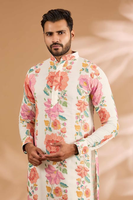 Buy_Rabani & Rakha_Off White Georgette, Cotton, Silk Embroidery, Floral Thread And Kurta Set _Online_at_Aza_Fashions