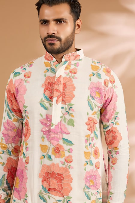 Shop_Rabani & Rakha_Off White Georgette, Cotton, Silk Embroidery, Floral Thread And Kurta Set _Online_at_Aza_Fashions