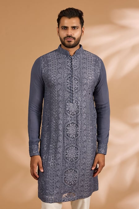 Rabani & Rakha_Teal Georgette, Cotton, Silk Embroidery, Sequins, Cut Work Thread And Kurta Set _Online_at_Aza_Fashions