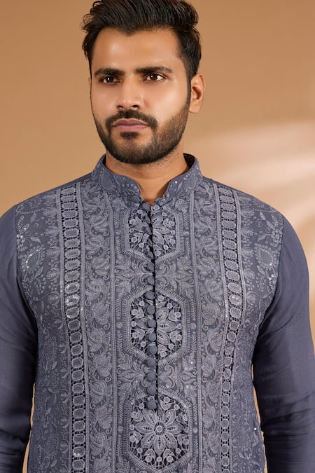 Buy_Rabani & Rakha_Teal Georgette, Cotton, Silk Embroidery, Sequins, Cut Work Thread And Kurta Set _Online_at_Aza_Fashions