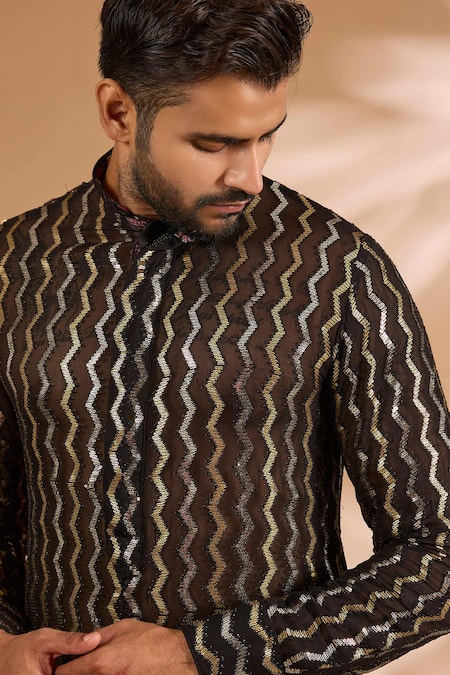 Buy_Rabani & Rakha_Black Georgette, Cotton, Silk Sequins Zig Zag Kurta And Pant Set _Online_at_Aza_Fashions