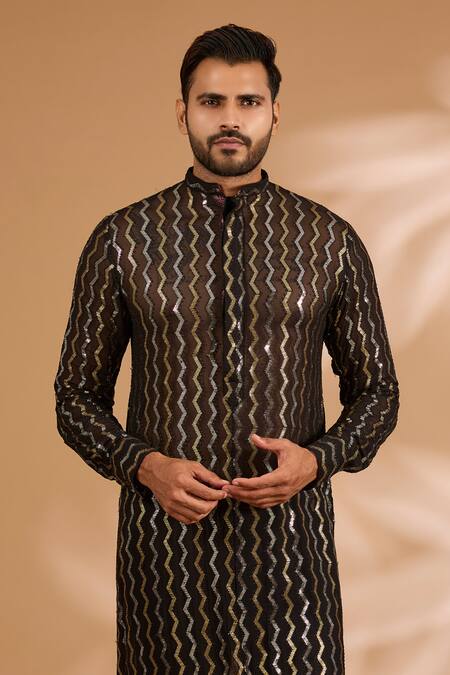 Shop_Rabani & Rakha_Black Georgette, Cotton, Silk Sequins Zig Zag Kurta And Pant Set _Online_at_Aza_Fashions