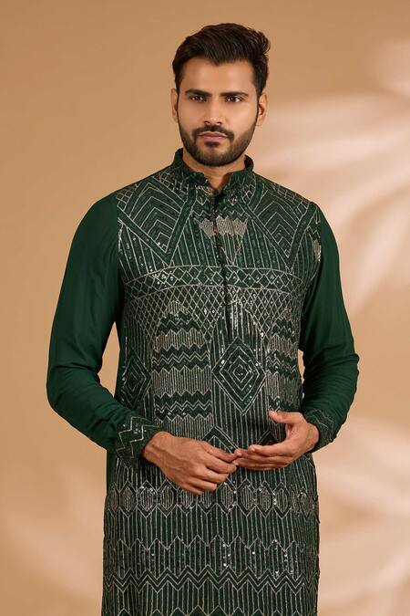 Rabani & Rakha_Green Georgette, Cotton, Silk Sequins, Embroidery Geometric Kurta And Pant Set _Online_at_Aza_Fashions