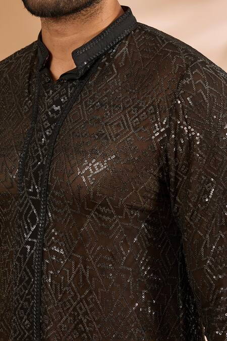 Shop_Rabani & Rakha_Black Georgette, Cotton, Silk Sequins, Foil Printing Jaal Shirt With Pant _Online_at_Aza_Fashions