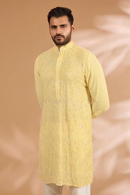 Buy_Rabani & Rakha_Yellow Georgette, Cotton, Silk Embroidery, Sequins, Beads Kurta Set _Online_at_Aza_Fashions