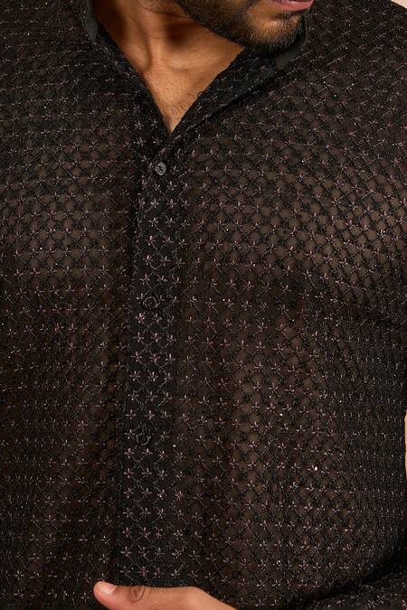 Shop_Rabani & Rakha_Black Georgette, Cotton, Silk Embroidery, Sequins Thread And Jaal Shirt With Pant _Online_at_Aza_Fashions