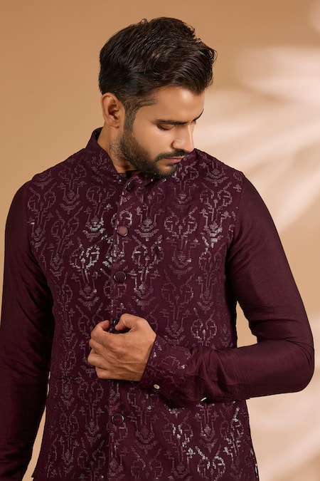 Buy_Rabani & Rakha_Maroon Georgette, Cotton, Silk Sequins Jaal Bundi And Kurta Set _Online_at_Aza_Fashions