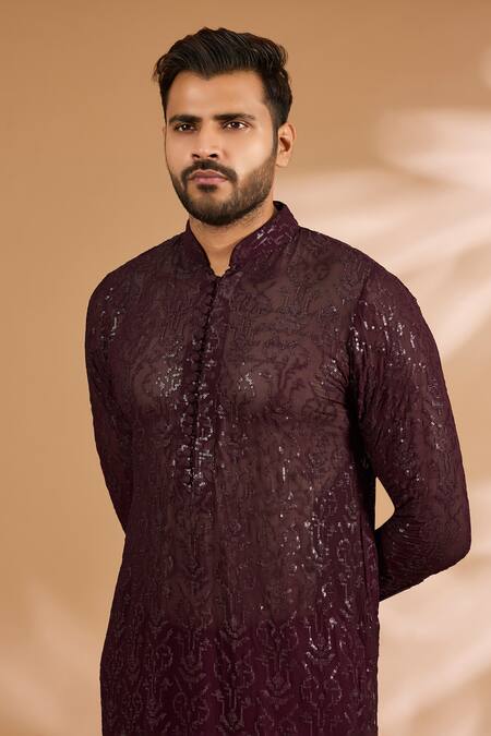 Buy_Rabani & Rakha_Maroon Georgette, Cotton, Silk Sequins, Foil Printing Jaal Kurta With Pant _Online_at_Aza_Fashions