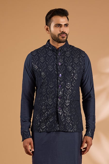 Buy_Rabani & Rakha_Blue Georgette, Cotton, Silk Sequins Jaal Bundi And Kurta Set _Online_at_Aza_Fashions