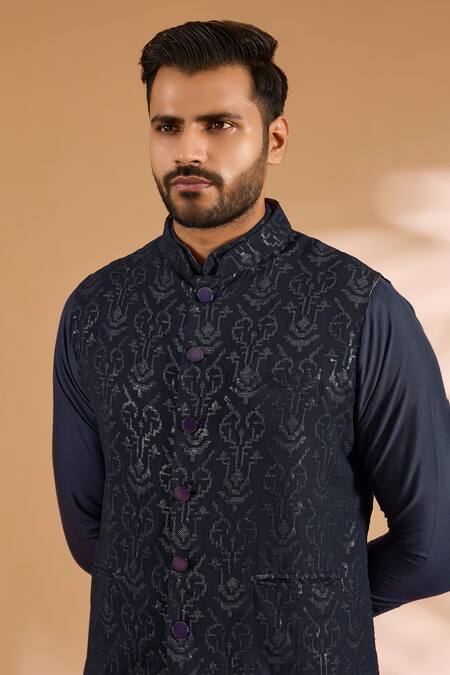 Buy_Rabani & Rakha_Blue Georgette, Cotton, Silk Sequins Jaal Bundi _Online_at_Aza_Fashions