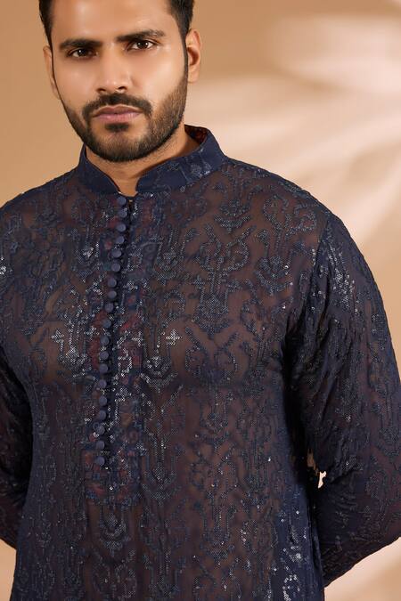 Buy_Rabani & Rakha_Blue Georgette, Cotton, Silk Sequins Jaal Kurta Set _Online_at_Aza_Fashions