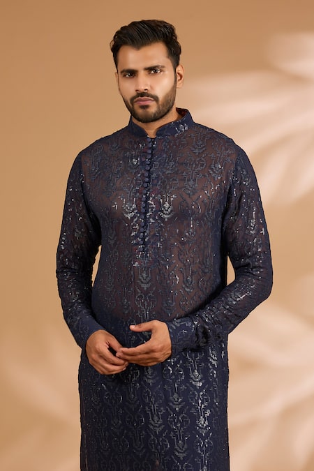 Shop_Rabani & Rakha_Blue Georgette, Cotton, Silk Sequins Jaal Kurta Set _Online_at_Aza_Fashions