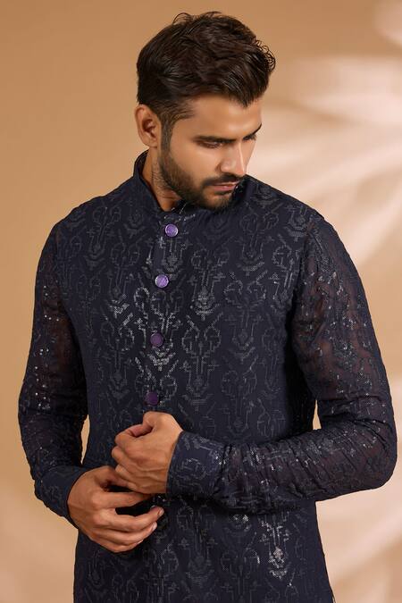 Shop_Rabani & Rakha_Blue Georgette, Cotton, Silk Sequins, Foil Printing Jaal Bundi Kurta Set _Online_at_Aza_Fashions