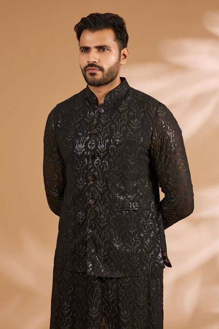 Rabani & Rakha_Black Georgette, Cotton, Silk Sequins Jaal Bundi Kurta Set _Online_at_Aza_Fashions