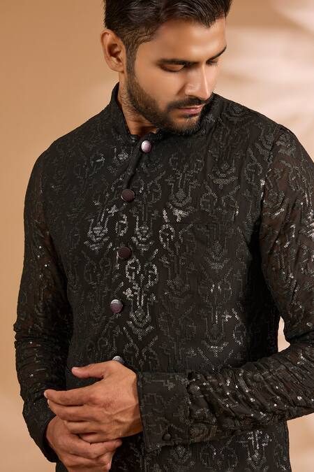 Rabani & Rakha_Black Georgette, Cotton, Silk Sequins Jaal Bundi _Online_at_Aza_Fashions
