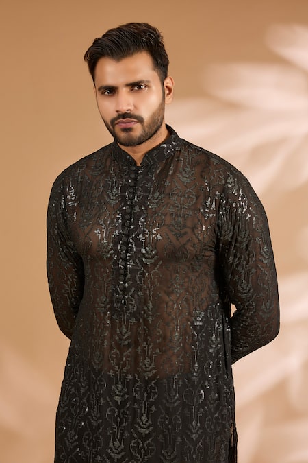 Rabani & Rakha_Black Georgette, Cotton, Silk Sequins, Foil Printing Jaal Kurta Set _Online_at_Aza_Fashions