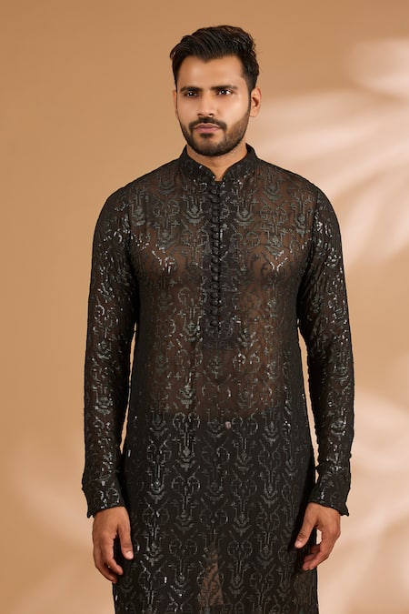 Buy_Rabani & Rakha_Black Georgette, Cotton, Silk Sequins, Foil Printing Jaal Kurta Set _Online_at_Aza_Fashions