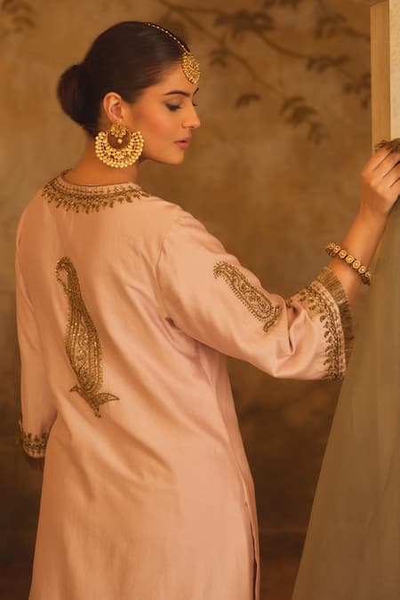 Buy_AFRIYA_Pink Chanderi , Organza Embroidery, Zardozi And A-line Kurta Set _Online_at_Aza_Fashions