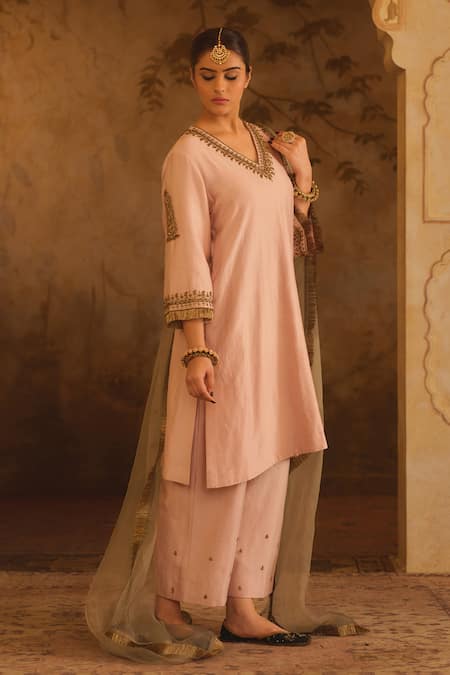 Shop_AFRIYA_Pink Chanderi , Organza Embroidery, Zardozi And A-line Kurta Set _Online_at_Aza_Fashions