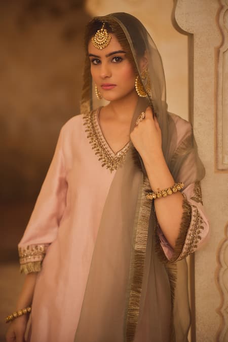 Buy_AFRIYA_Pink Chanderi , Organza Embroidery, Zardozi And A-line Kurta Set 