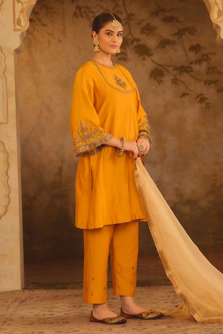 Shop_AFRIYA_Mustard Chanderi , Organza Zari, Sequins, Zardozi And Dori Kurta Set _Online_at_Aza_Fashions