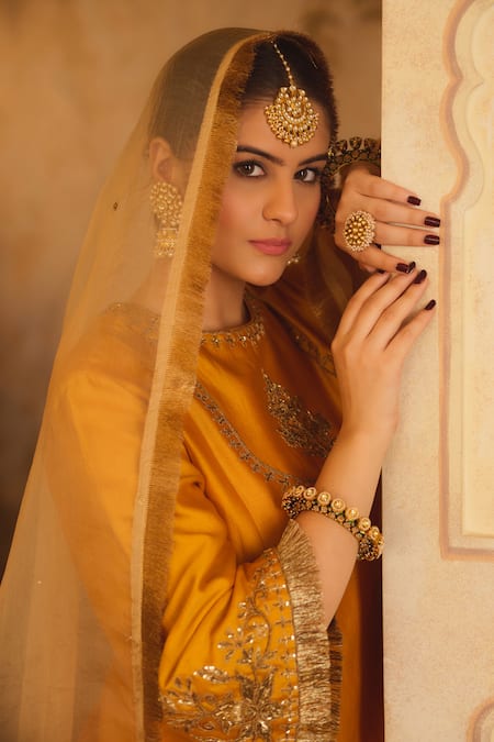 Buy_AFRIYA_Mustard Chanderi , Organza Zari, Sequins, Zardozi And Dori Kurta Set 