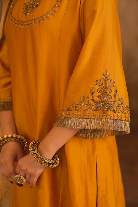 Shop_AFRIYA_Mustard Chanderi , Organza Zari, Sequins, Zardozi And Dori Kurta Set 