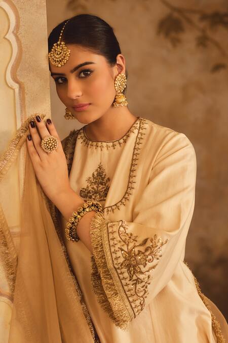 AFRIYA_Cream Chanderi , Organza Embroidery, Sequins, Zardozi Dori Kurta Set _at_Aza_Fashions
