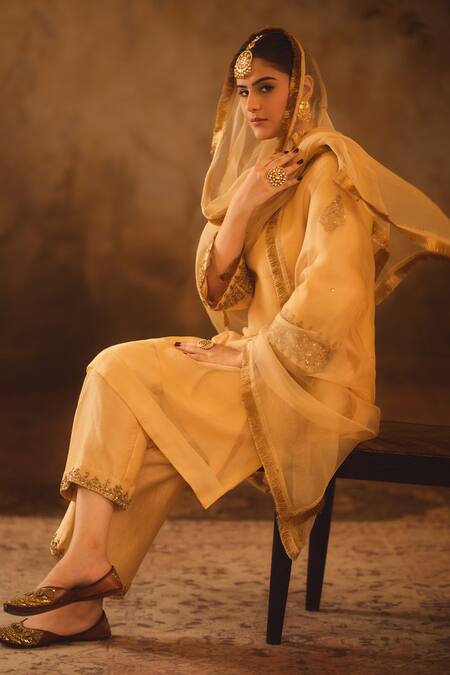 AFRIYA_Gold Organza, Chanderi Zari, Sequins, Pearls, Zardozi And Kurta Set _at_Aza_Fashions