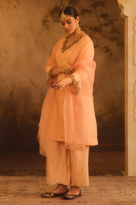 Shop_AFRIYA_Peach Organza, Chanderi Embroidery, Sequins, Zardozi And Dori Kurta Set _Online_at_Aza_Fashions