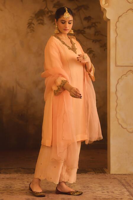 AFRIYA_Peach Organza, Chanderi Embroidery, Sequins, Zardozi And Dori Kurta Set _at_Aza_Fashions